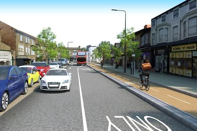A visualisation from the Gateway project on how a new cycle lane on Station Parade in Harrogate would look.
