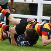 Harrogate RUFC youngster Jack Haydock touches down. Pictures: Gerard Binks