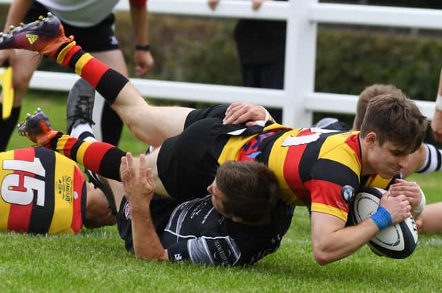 Harrogate RUFC youngster Jack Haydock touches down. Pictures: Gerard Binks