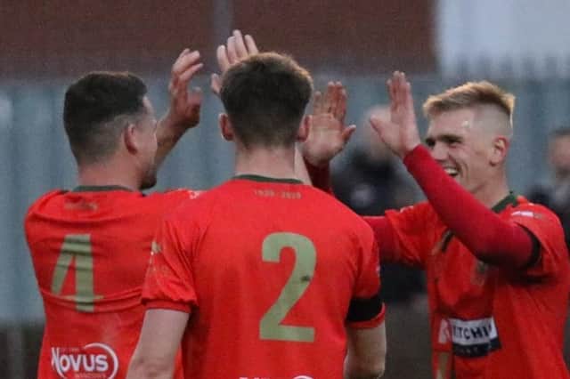 Harrogate Railway players celebrate one of their seven goals during their recent demolition of FC Humber United. Picture: Craig Dinsdale