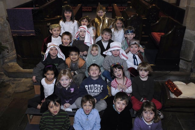 Great Ouseburn School pupils rehearse "Nursery Rhyme Nativity."