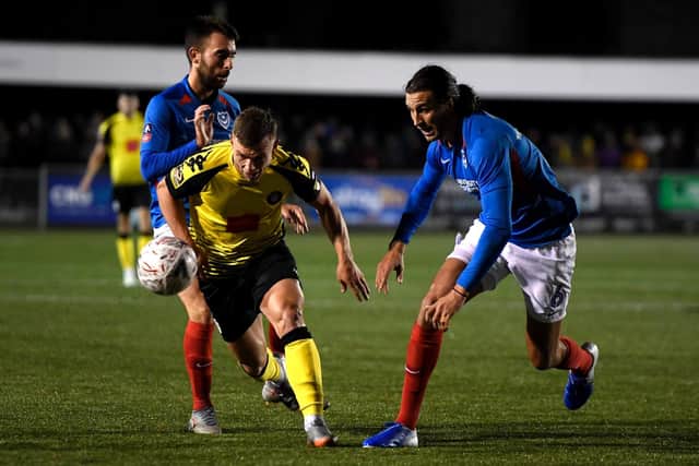 Harrogate Town's Jack Muldoon in action against Portsmouth during the 2019 FA Cup meeting between the sides.