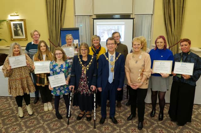 Soroptimist Charity Shop Christmas Window Competition - This year's winners are pictured with members of SI, The Mayor and Mayoress of Harrogate, Coun Trevor Chapman and Janet Chapman at the Crown Hotel in Harrogate.