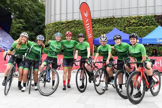 Dame Sarah Storey and ŠKODA DSI Cycling Academy riders - Lucy Ellmore, third from left, next to Dame Sarah