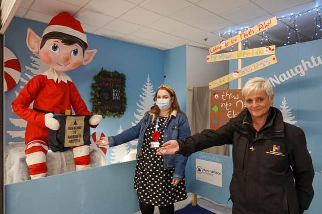 Pictured from left with Harrogate BID’s Naughty Elf are Georgia Hudson, Community and Events Fundraiser at Harrogate Hospital & Community Charity, and Harrogate BID Host Jo Caswell.