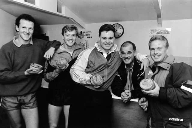 Good days - The late Billy Conroy, right, at Harrogate Railway with players John Bowman, Tony Outhart and Gary Cox in 1990 with club physio Ian McCreadie.