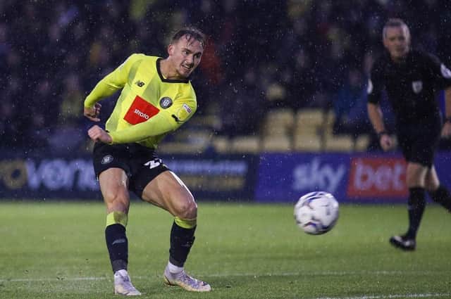 Jack Diamond blasts home a sweet strike from the edge of the box to draw Harrogate Town level against Northampton Town. Pictures: Matt Kirkham