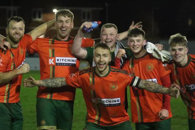 Harrogate Railway celebrate their dramatic comeback victory over Parkgate last time out. Picture: Craig Dinsdale