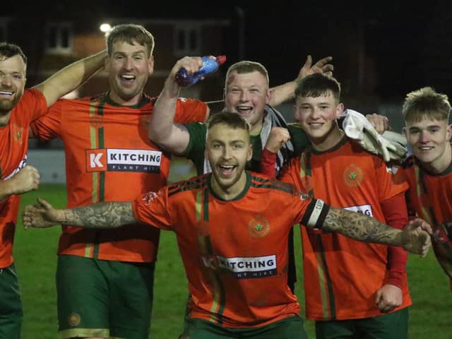 Harrogate Railway celebrate their dramatic comeback victory over Parkgate last time out. Picture: Craig Dinsdale