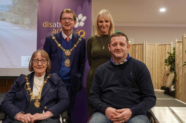 Pictured are (back row) The Mayor of Harrogate, Coun Trevor Chapman, and Disability Action Yorkshire Chief Executive Jackie Snape, and front row, The Mayoress of Harrogate, Janet Chapman and keynote speaker Jimmy Gittins.