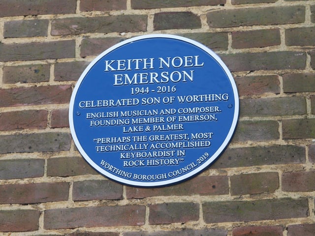 Musician Keith Emerson is described as 'celebrated son of Worthing' on the blue plaque at the Assembly Hall. He was a founding member of Emerson, Lake & Palmer and perhaps the greatest, most technically accomplished keyboardist in rock history.