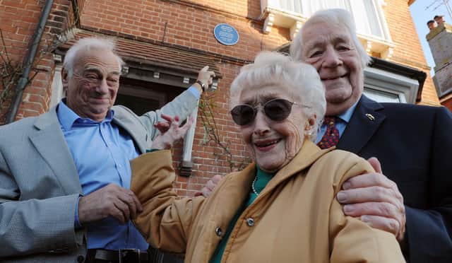Roy Hudd, Joan Laurie and Wyn Calvin at the unveiling of the blue plaque for Gladys Morgan, Joan's mother, in Salisbury Road, Worthing, in December 2012.