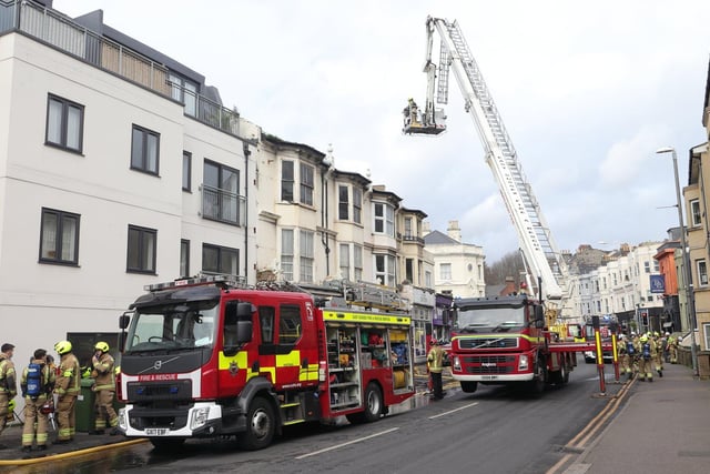 Firefighters at the scene in Queens Road, Hastings town centre. Picture: Andy Jefferies.
