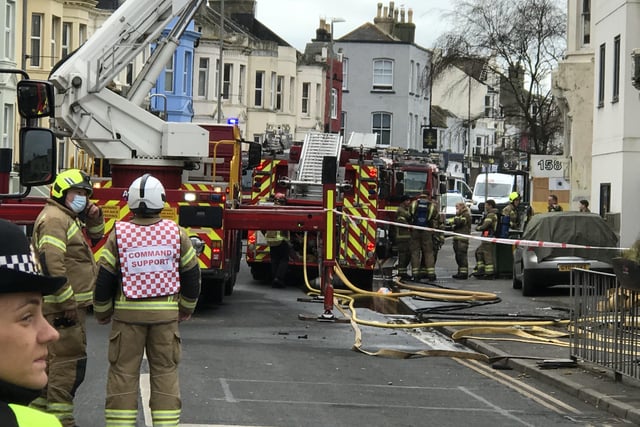 Firefighters at the scene of the blaze in Queens Road, Hastings town centre.