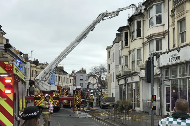 Firefighters at the scene of the blaze in Queens Road, Hastings town centre.