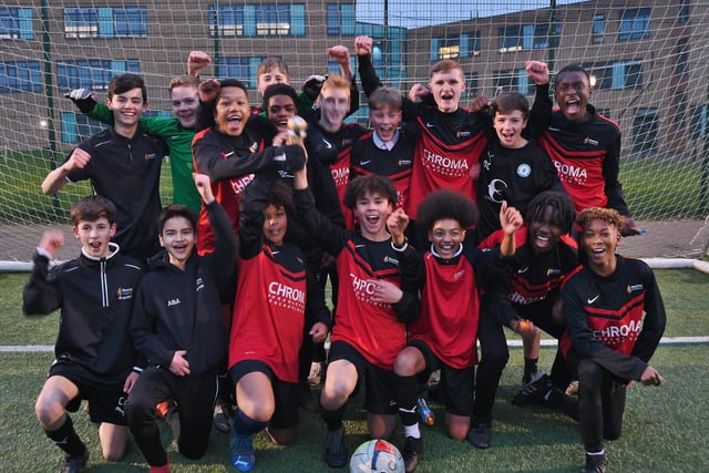 Nene Park Academy celebrate their year nine cup final victory. Photo: David Lowndes.