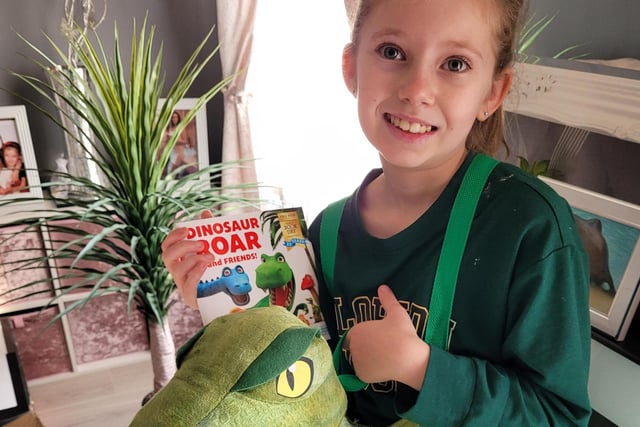 Nine-year-old Lacey-Mai dressed as a dinosaur at Paston Ridings School.