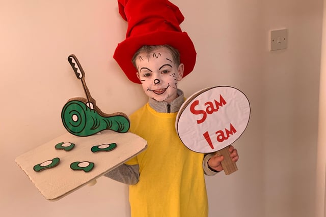 Aiden Chapman dressed as Sam-I-Am from Green Eggs and Ham by Dr Seuss as Baston primary.