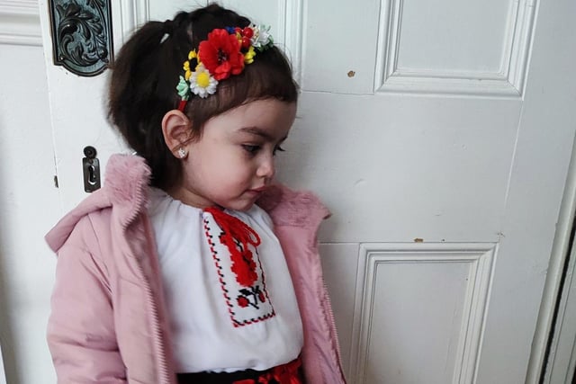 "No book day costume for Iris. Instead I sent her in her Ukrainian outfit to support her Ukrainian godmother and Ukrainian citizens," said Anna Anton. SUS-220403-100541001