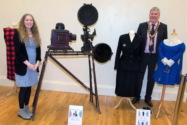 Jamie Austin from Causeway Coast and Glens Borough Council’s Museums Service pictured with the Mayor, Councillor Richard Holmes during his visit to the ‘100 Objects for 100 Years’ exhibition currently open at Ballymoney Museum