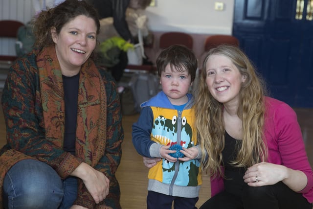 Storyteller Vicky McFarland pictured with Museums Service Officer Jamie Austin and her son Benjamin at the Playful Museums Week storytelling event organised by Causeway Coast and Glens Borough’s Council Museums Service