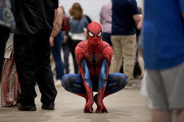 Spider-Man being mischievous and posing for the camera at Comic Con Yorkshire