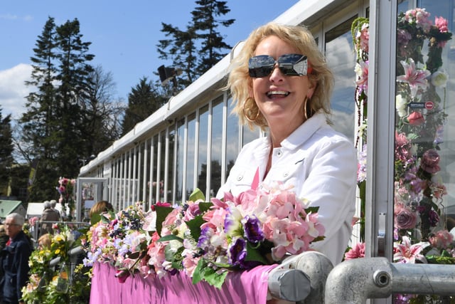 Jill Wiley enjoying the flowers and sunshine outside the Floral Art marquee at the show