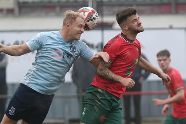 Harrogate Railway striker Albert Ibrahimi challenges for a header during Saturday's NCEL Division One draw at home to Beverley Town. Picture: Craig Dinsdale