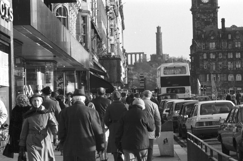 Crowds in Princes Street Edinburgh (looking east towards Calton Hill) in January 1987.