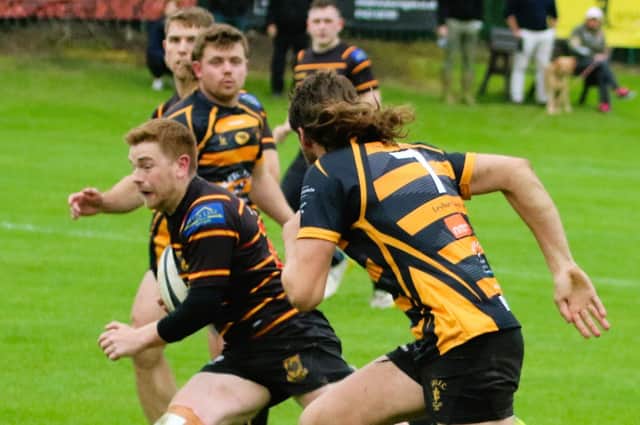 Harry Parrish on his way to scoring the second of his two tries during Harrogate Pythons' home defeat to Wensleydale. Picture: Submitted