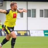 George Thomson celebrates after firing Harrogate Town into a two-goal lead against Morecambe. Pictures: Matt Kirkham