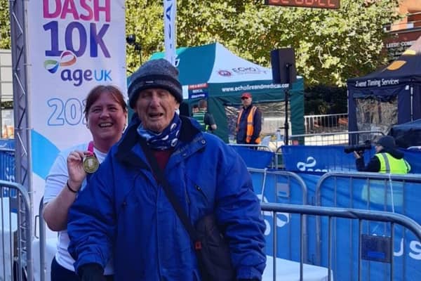 Clare with her dad Keith, at Age UK’s Leeds Abbey Dash in 2023