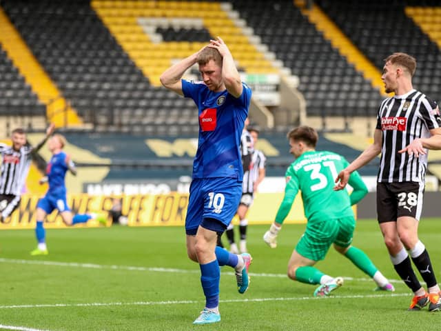 Harrogate Town's Matty Daly can't hide his disappointment after missing a chance to put his side in front against Notts County. Pictures: Jez Tighe/ProSportsImages