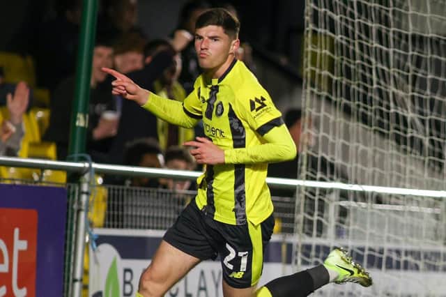 Ellis Taylor celebrates after firing Harrogate Town into a 33rd-minute lead against Tranmere Rovers. Picture: Matt Kirkham
