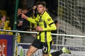 Ellis Taylor celebrates after firing Harrogate Town into a 33rd-minute lead against Tranmere Rovers. Picture: Matt Kirkham