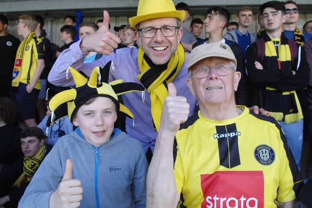 The late legendary Harrogate Town supporter Johnny Walker, right, at a Town match with fellow fans Arthur Mitchell and Paul Mitchell.