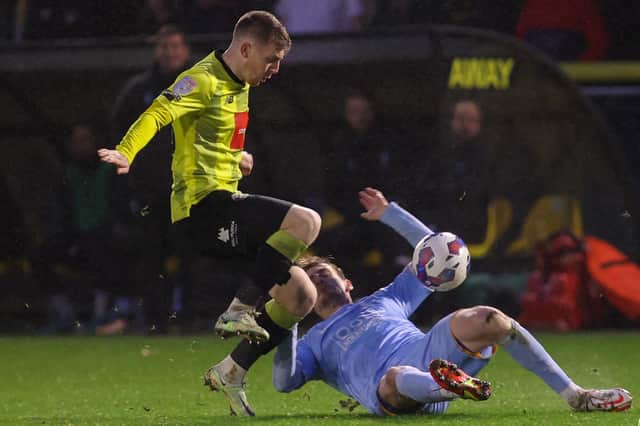 On-loan Huddersfield midfielder Matty Daly had to be substituted in the 51st minute of Harrogate Town's 3-0 win over Mansfield at Wetherby Road. Pictures: Matt Kirkham