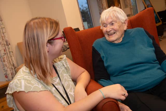 The care sector in action in North Yorkshire: Orsolya Foldi – Harrogate Neighbours staff member and Olive Lancaster. (Picture contributed)