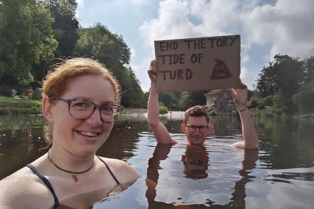 Protest - Wild swimmers Alice Blatchford and Adam Harper from Boroughbridge took to the waters of the River Nidd at Knaresborough Lido on Saturday. (Picture contributed)