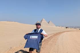 A journey well done despite the road accident - Brave Harry of Harrogate Walking Tours on the Giza Plateau in Egypt near the Pyamids. (Picture contributed)