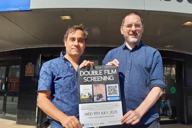 Knaresborough filmmakers David Bunting and James McKay with the poster for the Harrogate event created by Sunita Soundur of Zero Carbon Harrogate. (Picture contributed)