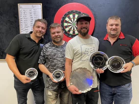 Harrogate Darts League Les Hanslow Memorial Trophy semi-finalists Chris Nelson and Tony Green, winner Peter Newbould and runner-up Paul Monaghan. Picture: Submitted