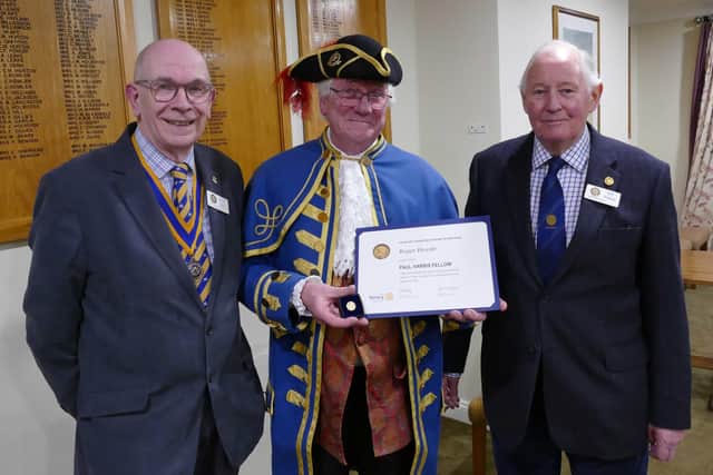Award - Knaresborough Rotary President David Kaye,  town crier Roger Hewitt and Rotarian Bob Weddall.