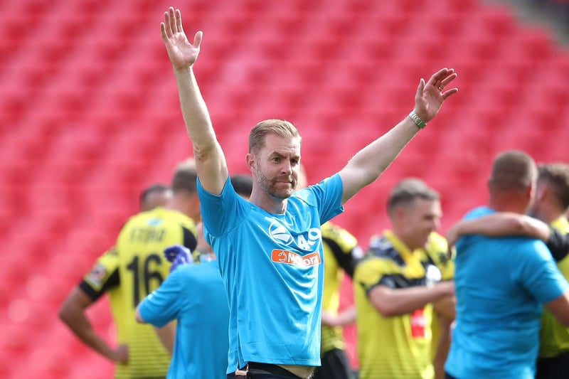 Harrogate Town manager Simon Weaver celebrates after the final whistle at the Vanarama National League play-off final