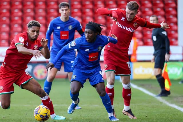 Harrogate Town forward Abraham Odoh on the attack during last Saturday's 1-0 win over Walsall at the Bescot Stadium.