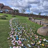 Painted rocks from Monk Park Farm at the Mount Vale care home sensory garden.