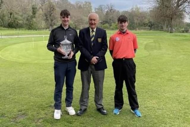 Harrogate & District Union president Dr Alastair Davidson, centre, with Will Hixon, left, and Oscar Knowles - winners of the Bill Dobson Trophy. Picture: Submitted