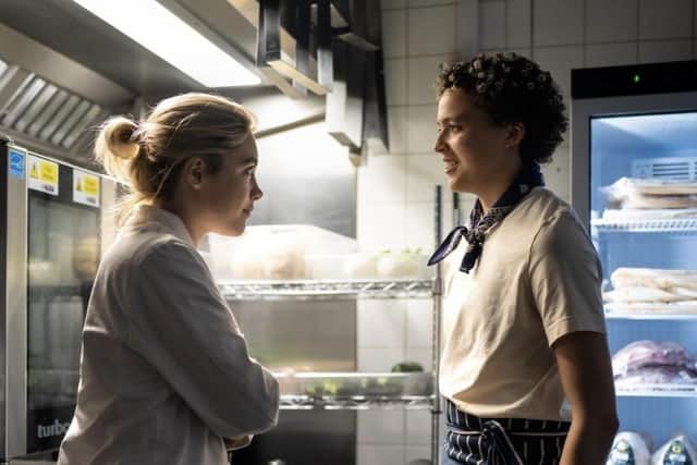 Former Harrogate Ladies Collete pupil Lee Braithwaite (right) alongside Florence Pugh in hit rom-com movie We Live In Time. (Picture contributed)