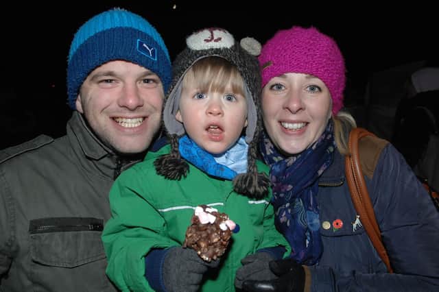 The Lunns family, Zack, Oscar (aged 3) and Kate, enjoying the Harrogate Stray Bonfire in 2016