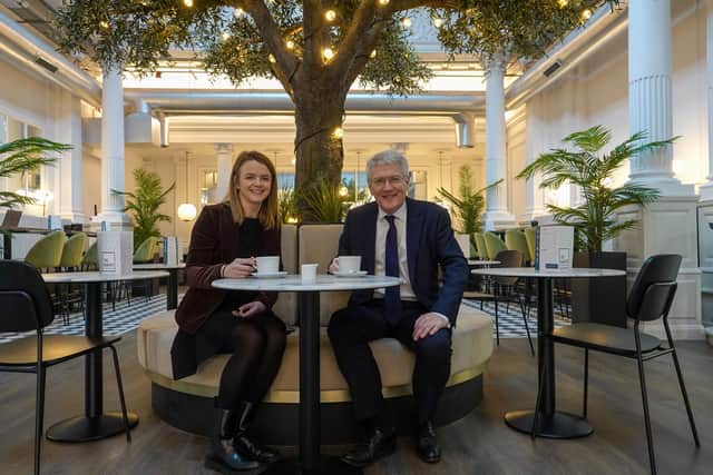 Pictured in Windsor House’s co-working space is Building Manager Karen Winspear and Harrogate & Knaresborough MP Andrew Jones